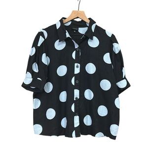 Who What Wear Linen Blend Navy Polka Dot Puff Sleeve Button Down Top Large